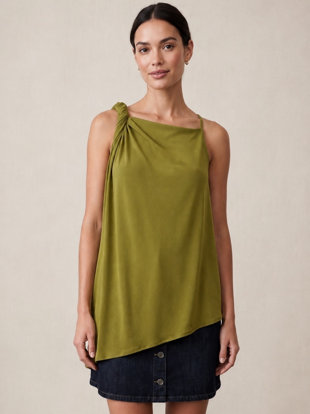 Zara Olive Green Asymmetrical Draped Top Size M